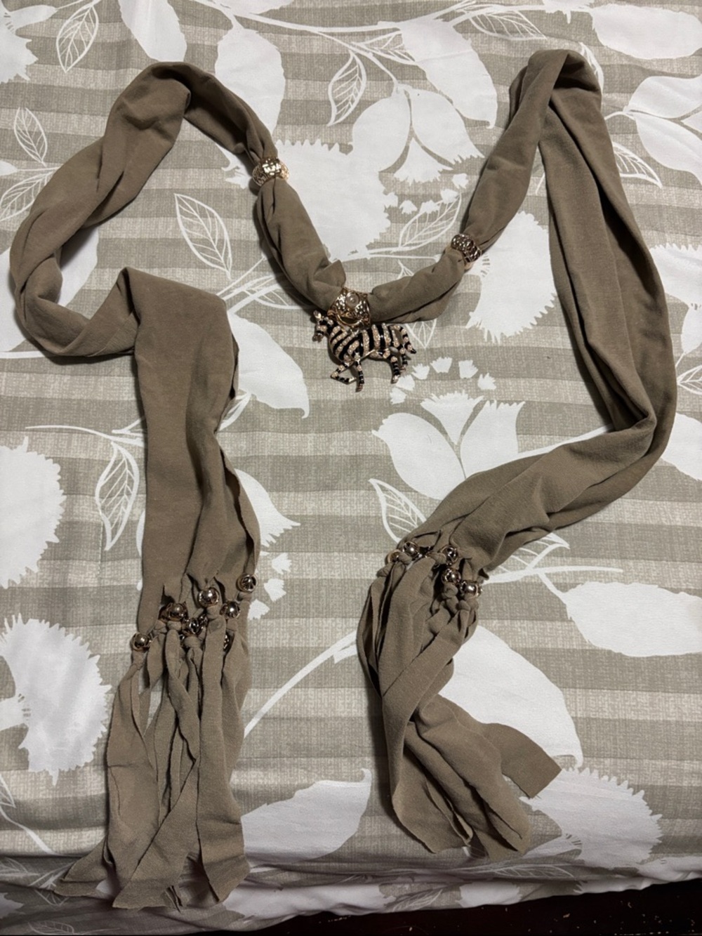 Taupe Scarf Necklace with Zebra Pendant